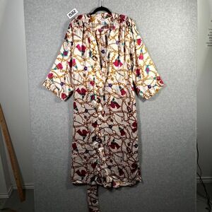 Vintage Romantic Moods Lingerie Robe Womens Large Satin Chain Tassel Print Retro